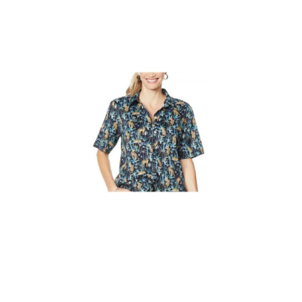 Evryday Jane Women's Animal Print Faux Silk Button Up Shirt 2XL Safari